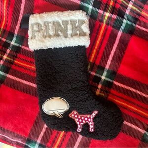 PINK Victoria's Secret Black Sherpa Holiday Stocking with Pink Dog